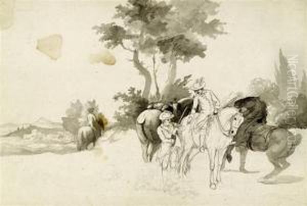 Mostly Studies And Sketches Of Horses, Riding And Hunting Scenes Oil Painting by Johann Georg Pforr