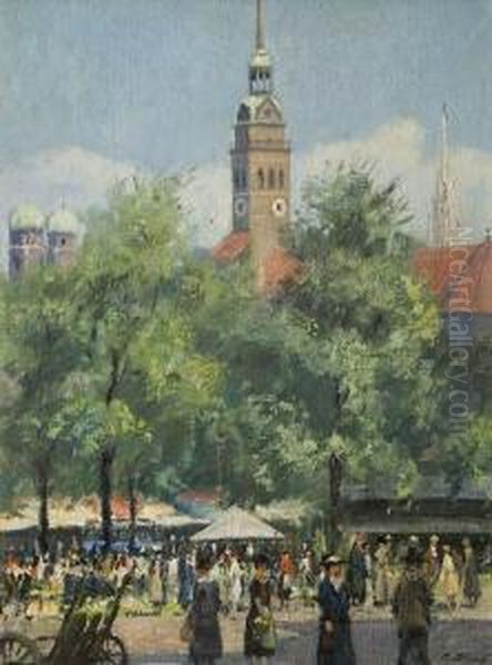 Viktualienmarkt In Munchen Oil Painting by Alois Pfund