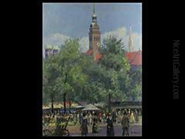 Der Viktualienmarkt In Munchen Mit Standen Und Passanten Unterbaumen Oil Painting by Alois Pfund