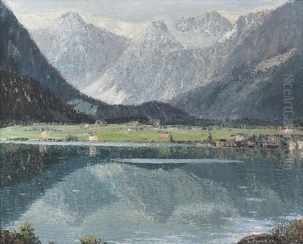 Sommerliche Ansicht Eines Bergsees. Oil Painting by Alois Pfund