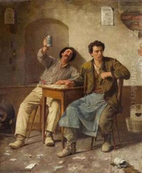 Two Workers Playing Cards Oil Painting by Eduard Pfyffer,