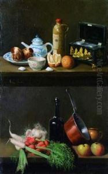 Nature Morte Aux Legumes. Nature Morte A La Boite A The, A La Bouteille De Loos Et Porcelaine De Paris. Oil Painting by Adolphe Phalipon