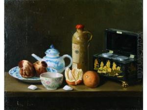 Nature Morte Aux Legumes. Nature Morte A La Boite A The, A La Bouteille De Loos Et Porcelaine De Paris. Paire De Toiles, Sur Leurs Toiles D Origine. 33 X 41 Cm. Le Premier Est Signe En Bas A Droite Phalipon. Le Deuxieme Est Signe En Bas A Gauche Phalipon. Oil Painting by Adolphe Phalipon