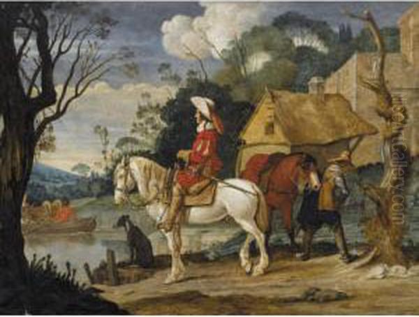 River Landscape With Cavaliers Waiting For A Ferry Oil Painting by Phb Monogrammist