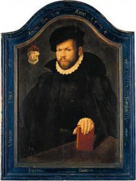 A Portrait Of Johannes Steiman, Aged 33, Half-length Standing Behind A Table, His Left Hand Resting On A Book Oil Painting by Phb Monogrammist