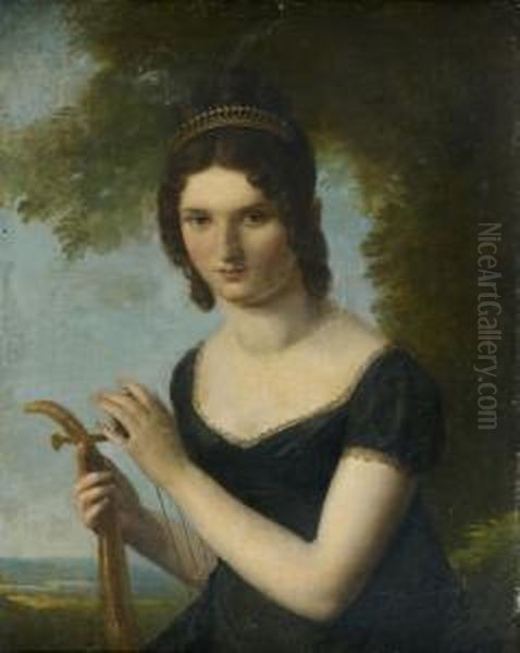 Portrait Presume De La Marechale Jourdan Jouant De La Lyre Dans Un Paysage Oil Painting by Julie Philipault