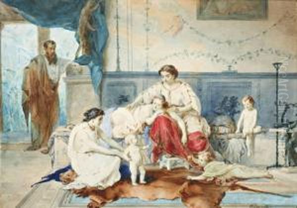 De Eerste Stapjes; Familie In Romeins Binnenhuis Oil Painting by Karel Frans Philippeau