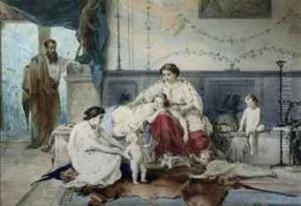 The First Steps, A Roman Family In An Interior Oil Painting by Karel Frans Philippeau