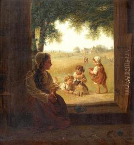 Bauernmadchen Mit Spielenden Kindern Oil Painting by Waldemar Philippi