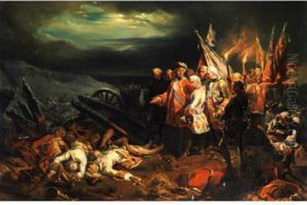 Schlachtfeld Mit Am Boden Liegenden Gefallenen Soldaten Undzerbrochenen Kanonen In Nachtlicher Stimmung Bei Fackelschein Oil Painting by Henri Felix Emmanuel Philippoteaux