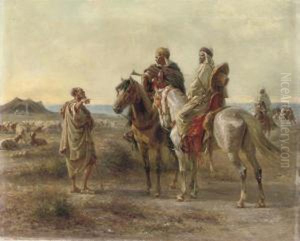 Arab Horsemen Before A Beduin Camp Oil Painting by Henri Felix Emmanuel Philippoteaux