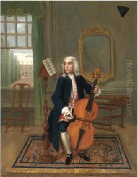 Portrait Of A Gentleman, Full Length, Seated Playing A Cello, A Spinet Behind Oil Painting by Charles Philips