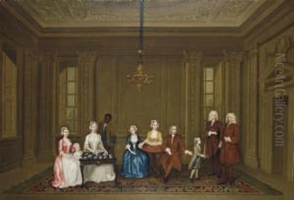 Group Portrait Of A Family, Possibly Members Of The Vernon Family, With A Servant, In An Elegant Interior Oil Painting by Charles Philips