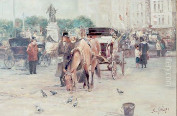 Parisian Scene With Horse And Carriages Oil Painting by Charles Philips