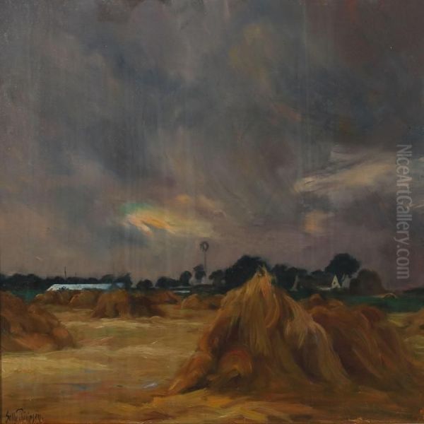 Fields With Haystacks Oil Painting by Sally Philipsen