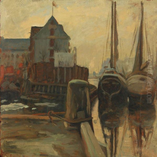 Harbour Scenery With Ships An Overcasted Day Oil Painting by Sally Philipsen