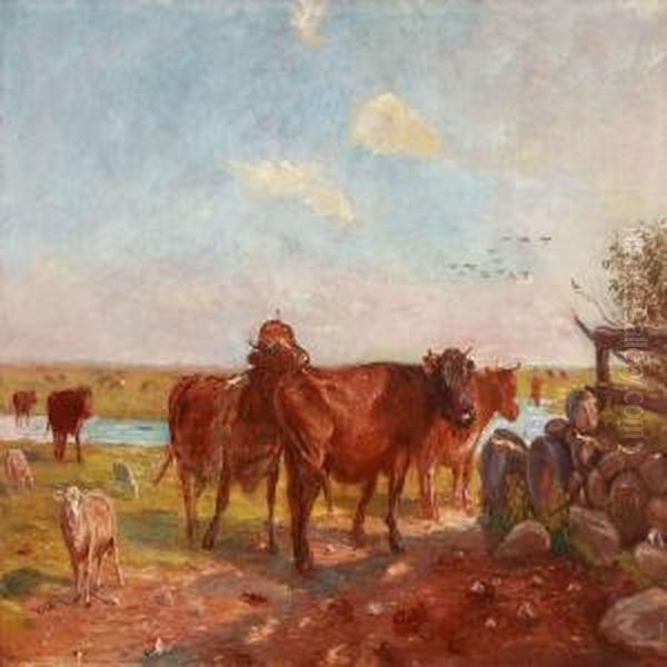 Kvaeg Pa Vanderens Vaenge. Saltholm Oil Painting by Theodor Philipsen