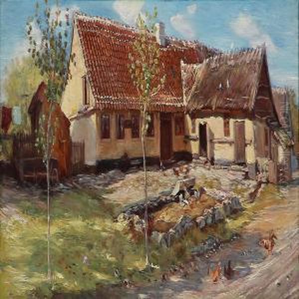 Chicken In Front Of A Farmhouse Oil Painting by Theodor Philipsen