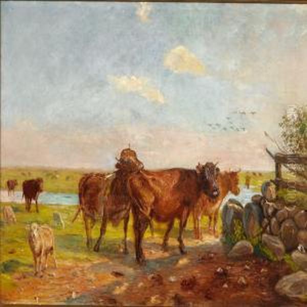 Kvaeg Pa Vanderens Vaenge. 
Saltholm Oil Painting by Theodor Philipsen