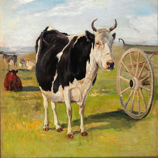 A Black-and-white Cow Oil Painting by Theodor Philipsen