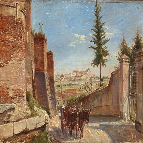 Behind The Walls Of Rome, Seen From Via Latina Out Against The Lateran Church Oil Painting by Theodor Philipsen