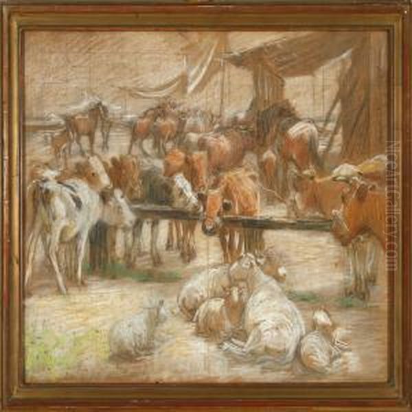 Cattle At Kastrup Harbour, Denmark Oil Painting by Theodore Esbern Philipsen