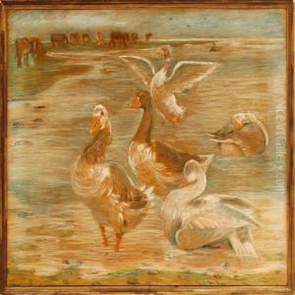 Geese And Cattle On Saltholm Island Oil Painting by Theodore Esbern Philipsen