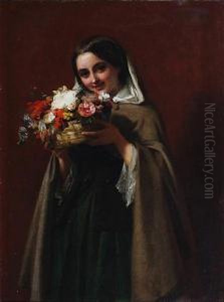 Young Girl Holding A Basket Of Flowers Oil Painting by John Phillip