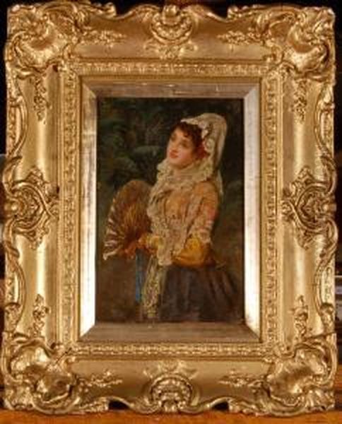 Portrait Of A Young Woman Holding Oil Painting by John Phillips