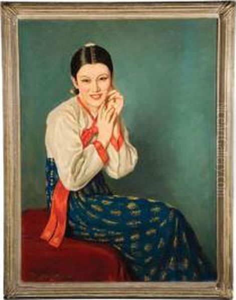 Portrait Of A Pretty Asian Lady Wearing A Silk Dress Oil Painting by John Campbell Phillips