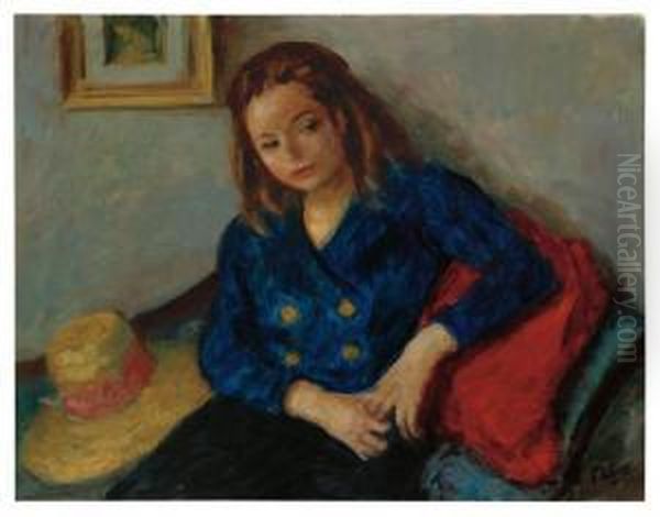 Seated Girl With Hat. Oil Painting by Robert Phillips