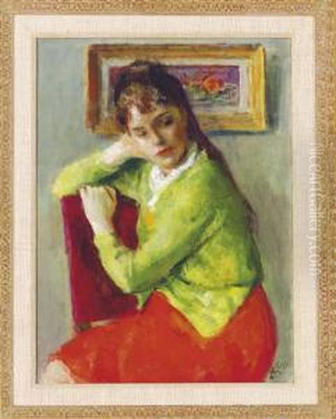 A Seated Girl In A Red Dress And Green Sweater Oil Painting by Robert Phillips