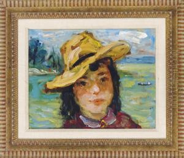 Girl With A Straw Hat Oil Painting by Robert Phillips