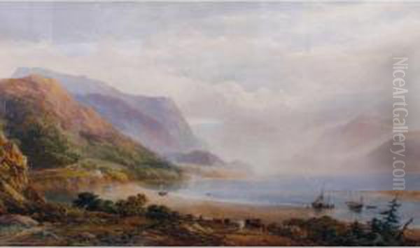 A View Across A Continental Lake With Mountains On The Horizon Oil Painting by James George Philp