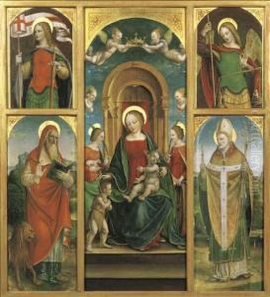 Polittico: Madonna Con Bambino, San Giovannino, Sant'agnese E Santacaterina D'alessandria; A Sinistra: San Girolamo E San Giorgio (?);a Destra: Sant'ambrogio Ed L'arcangelo Michele Oil Painting by Albertino Piazza