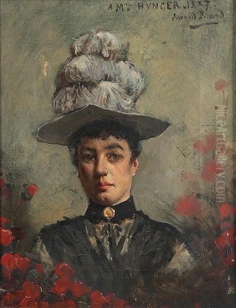 A Portrait Of A Lady In Black Wearing A White Feather Hat Oil Painting by Edmond Picard