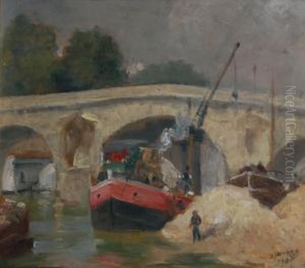 Ponte Sulla Senna Con Imbarcazione Oil Painting by J. Picard