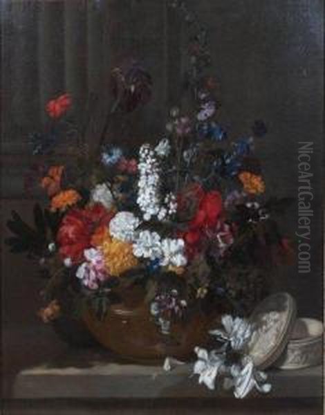 Bouquet De Fleurs Et Boite En Ivoire Surun Entablement Oil Painting by Jean Michel Picard