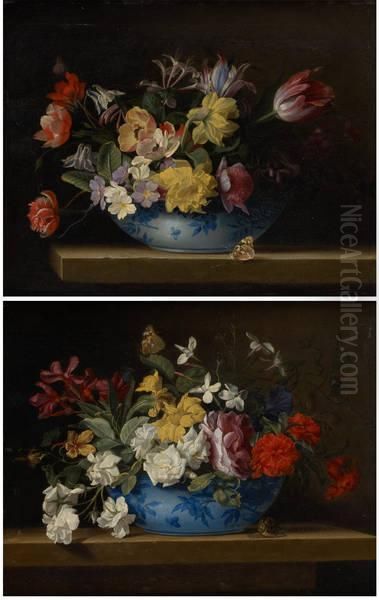 Bouquets 
 Fleuris Avec Insectes Sur Entablement Oil Painting by Jean Picart