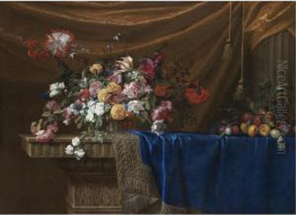 A Still Life Of A Basket Of Flowers And A Mound Of Fruit On A Sculpted Stone Table, Partly Covered With A Blue Velvet, Gold-and-silver-fringed Cloth With Drapery And A Stone Column In The Background Oil Painting by Jean Picart