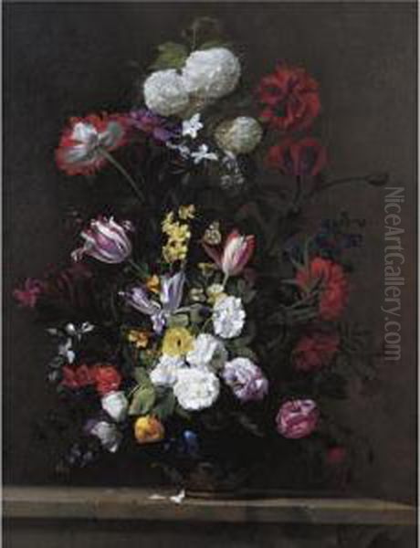 A Bouquet Of Flowers With Poppies, Roses, Tulips, Narcissi, Cyclamen, And Hydrangeas In A Lapis Vase With Butterflies On A Stone Ledge Oil Painting by Jean Picart