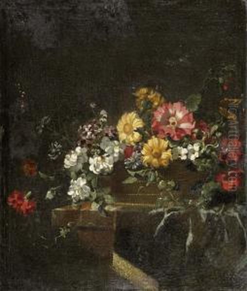 Blumenbouquet In Einem Flechtkorb Auf Einer Tischplatte. Oil Painting by Jean Picart