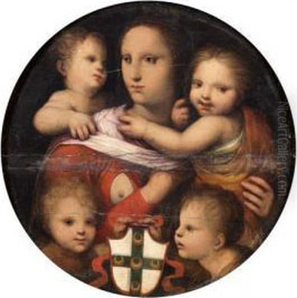 La Charite Et Deux Amours Tenant Le Blason De La Famille Piccolomini Oil Painting by Andrea Piccinelli Il Brescianino