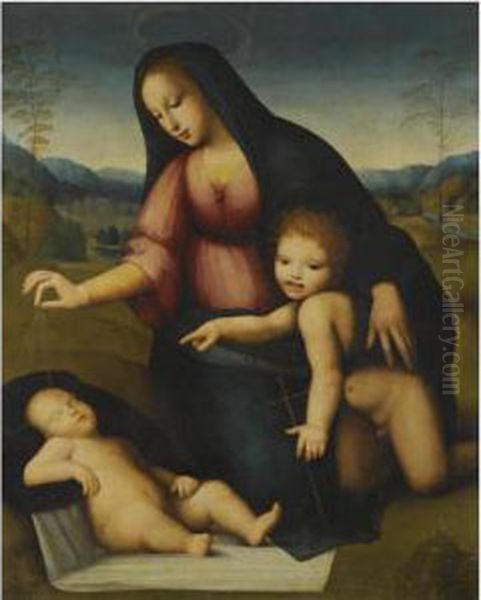 Madonna And Child In A Landscape With The Infant St John Thebaptist Oil Painting by Andrea Piccinelli Il Brescianino