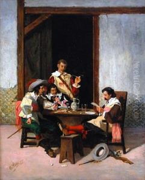 The Cavaliers Card School Oil Painting by Manuel Piccolo Lopez