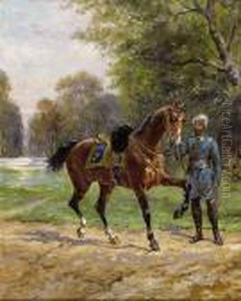 Cheval Aux Armes Couronnees Et Son Laquais Oil Painting by Olivier Pichat