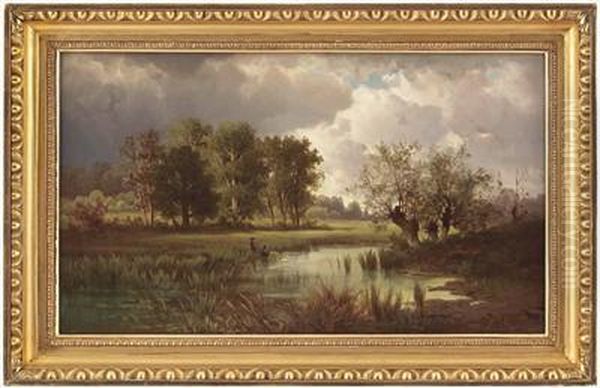 Aulandschaft Mit Fischer Oil Painting by Anton Pick