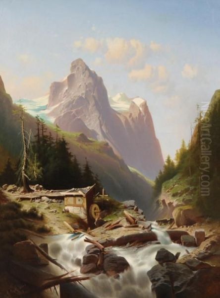 Paesaggio Di Montagne Con Cascata Oil Painting by Anton Pick