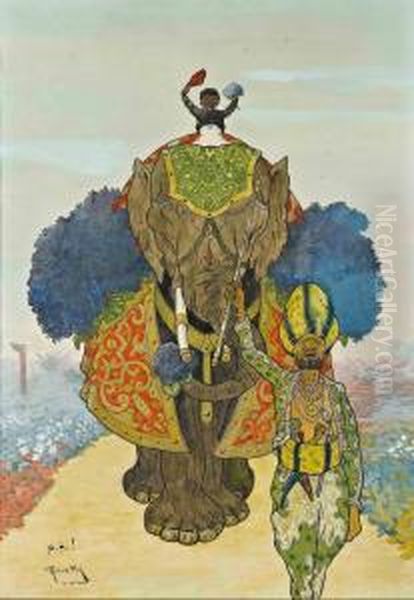 Elephant En Procession Oil Painting by Rudolf Pick