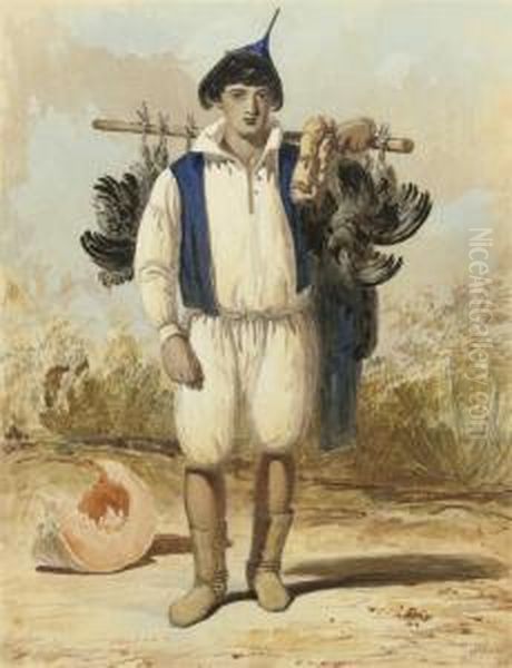 A Madeiran Boy In Native Dress With Black Chickens On A Wooden Poleslung Over His Left Shoulder Oil Painting by Andrew Picken